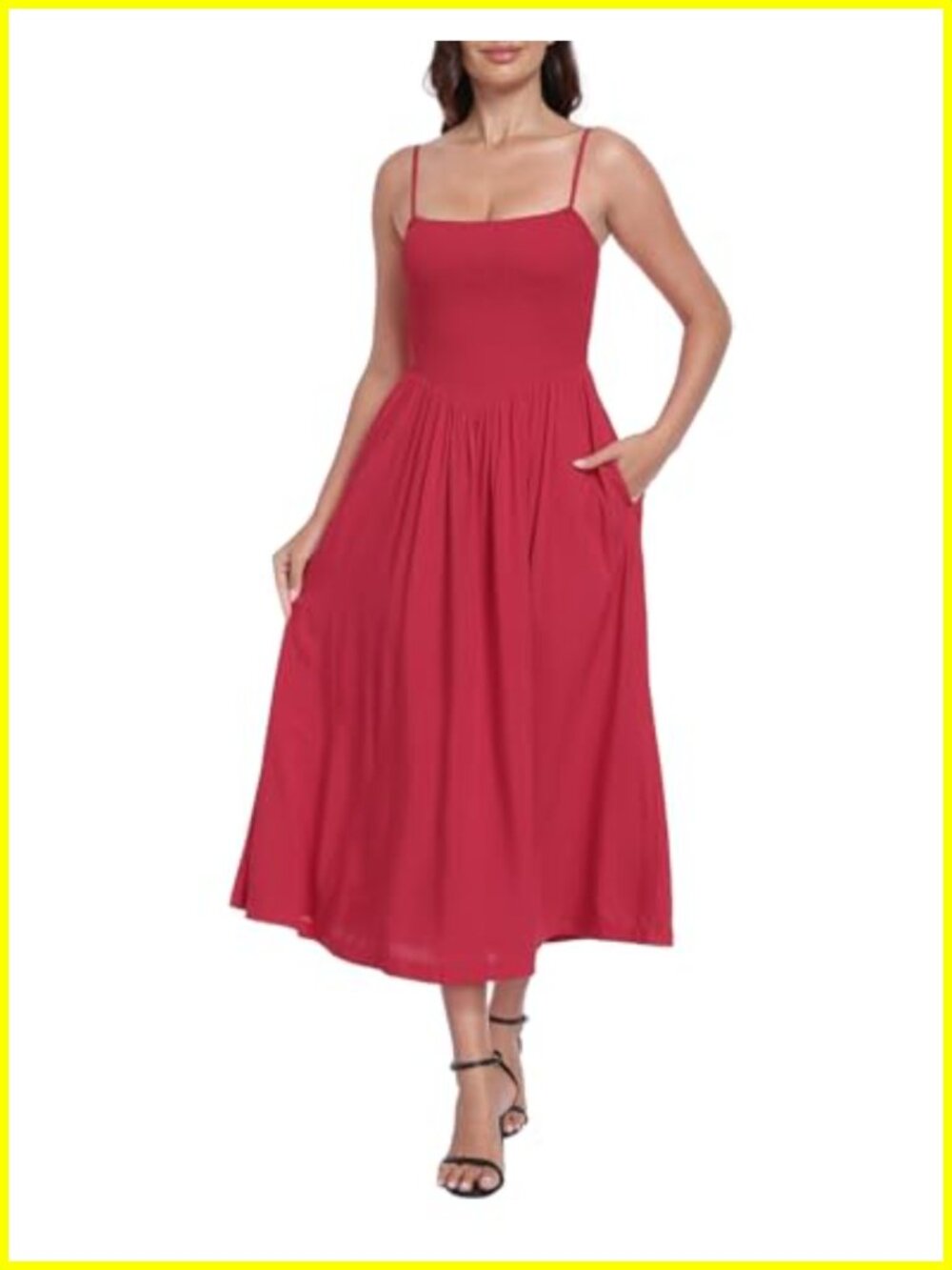 Women's Smocked Midi Dress with Pockets Spaghetti Strap Flowy Sundress